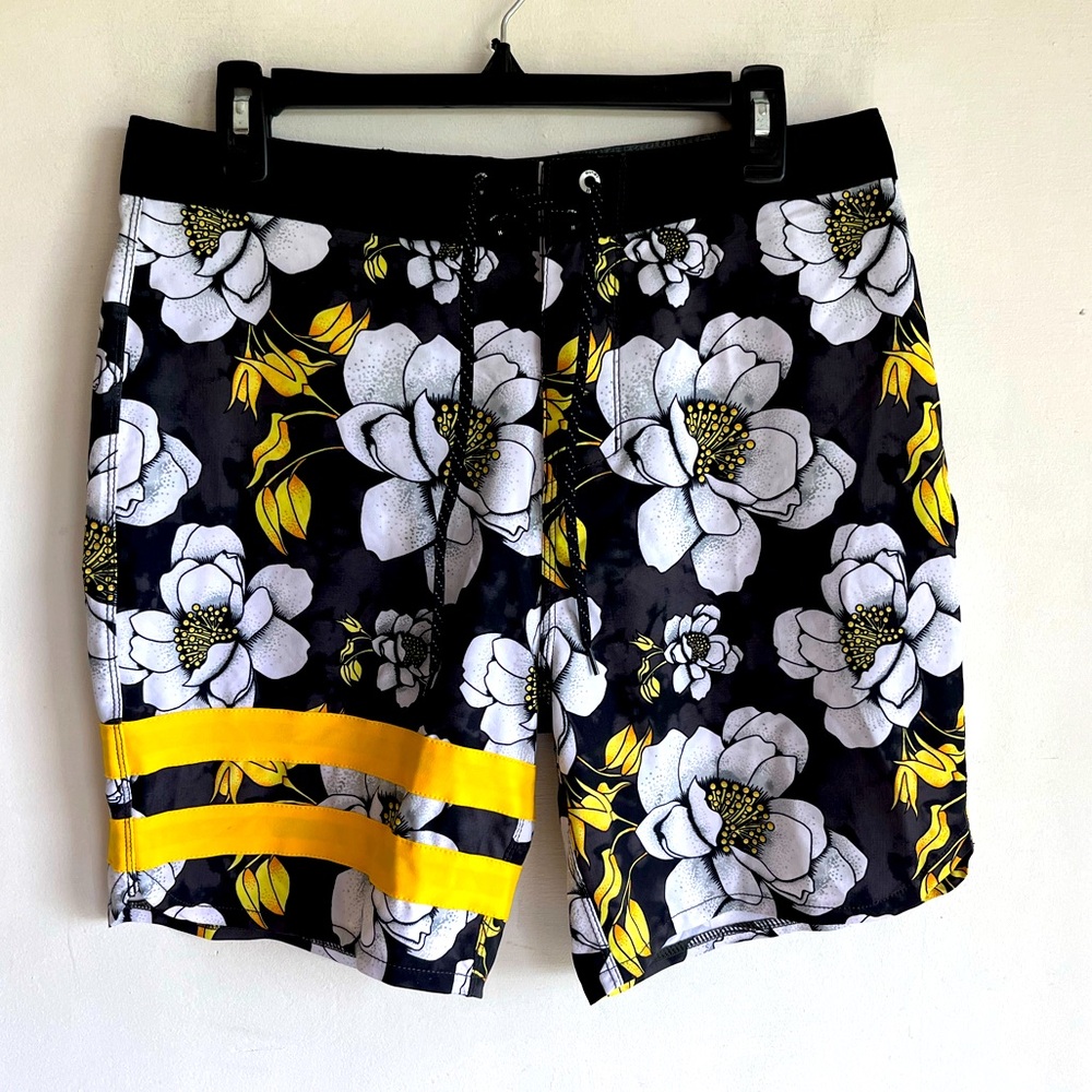 Hurley surfing board shorts men size 30, black, white and yellow floral design